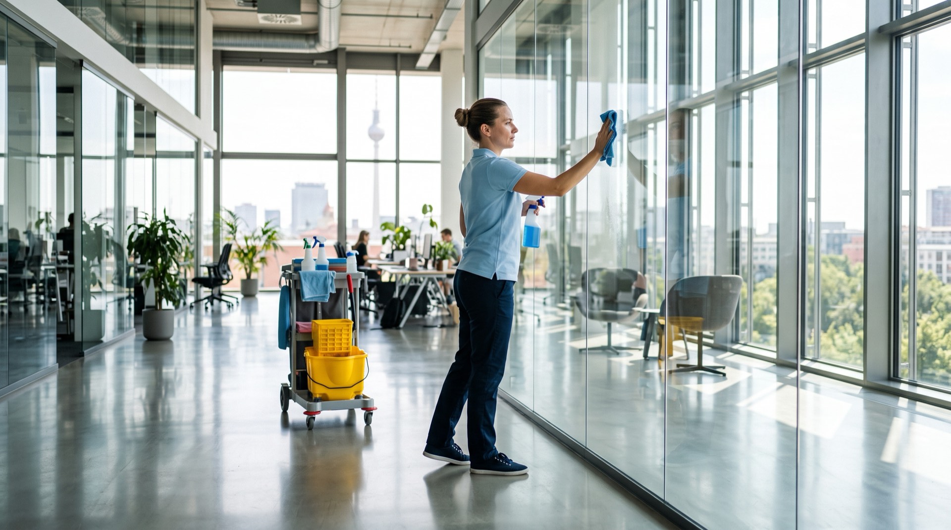 Reinigungskraft von All Clean Service reinigt Glasfront in modernem Berliner Büro